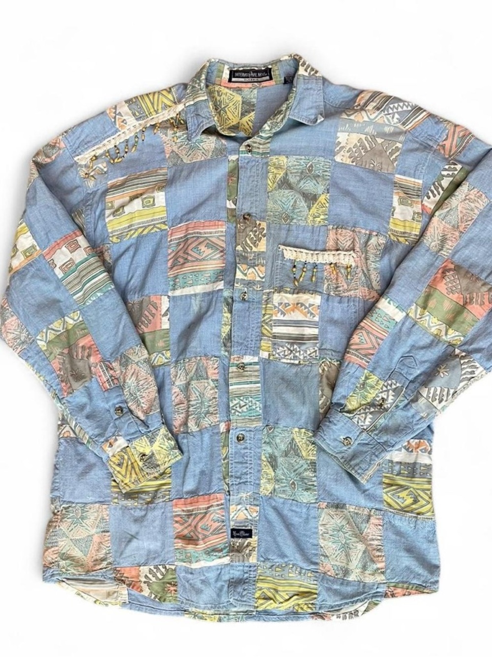 International News Patchwork Print Button-Up Shirt in Pastel Blue